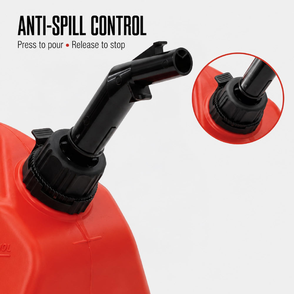 LAUCO angled nozzle pouring into lawn mower tank for precise refueling