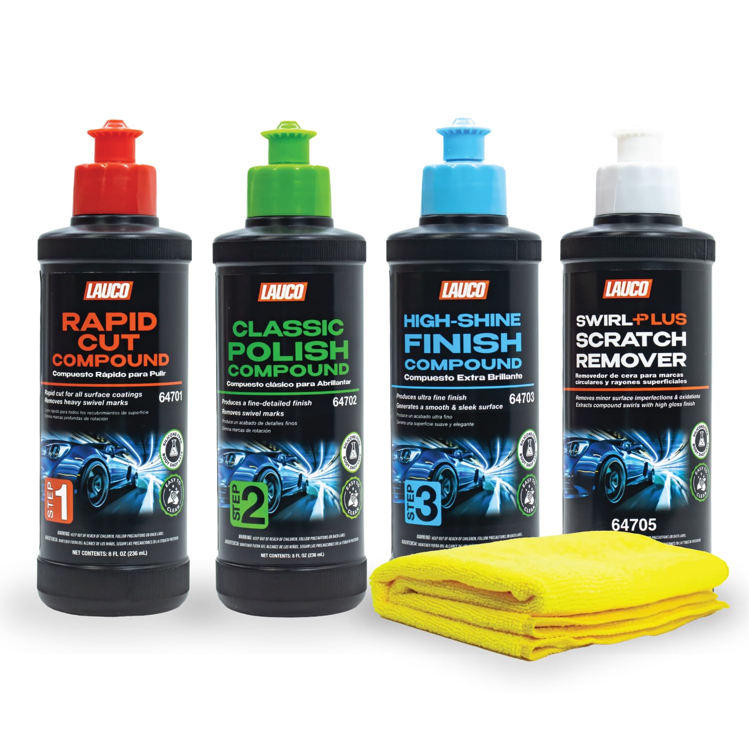 LAUCO front packaging of 3-step kit showing all bottles and towel, professional convenience