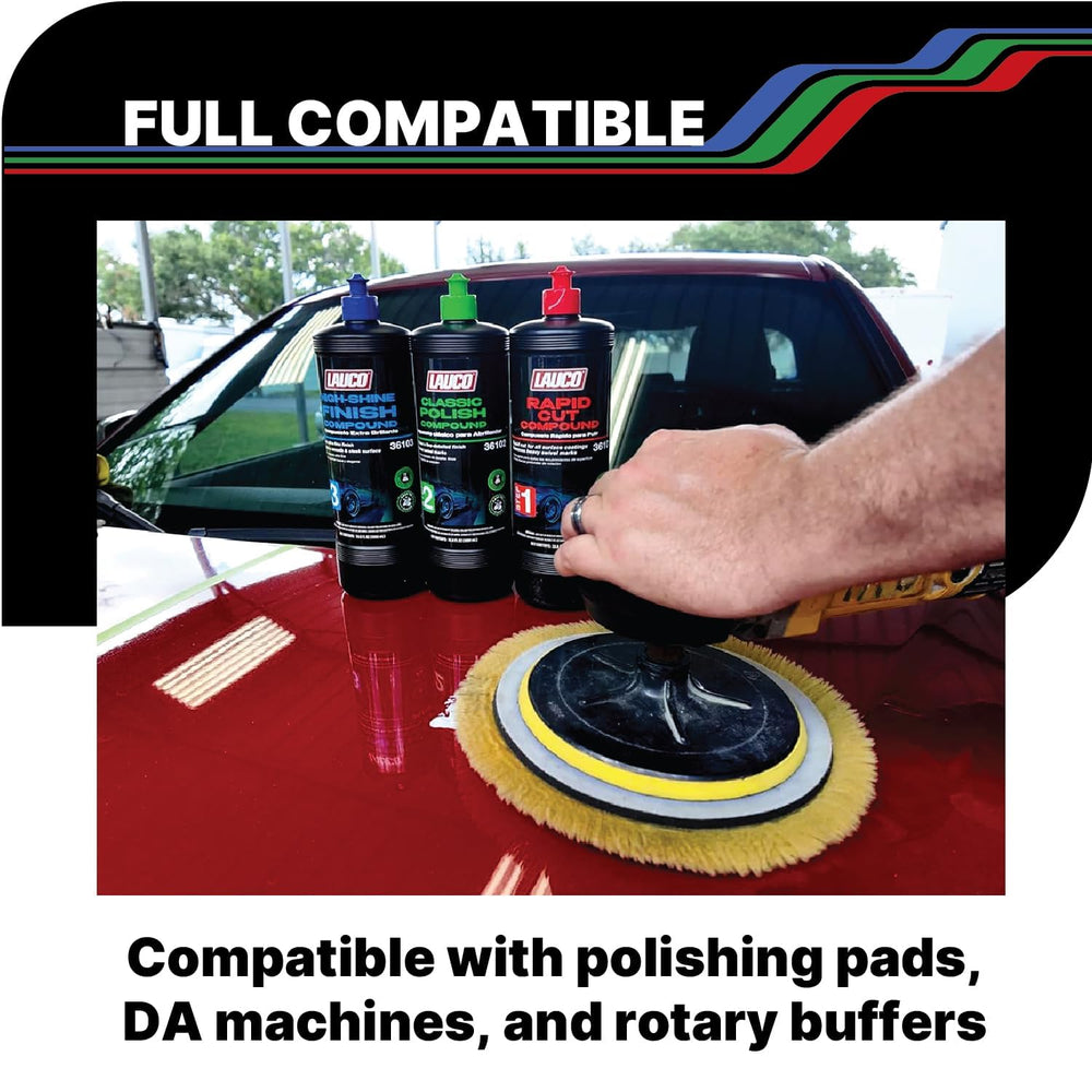 LAUCO product in use with a polisher on a car hood showing efficient correction workflow