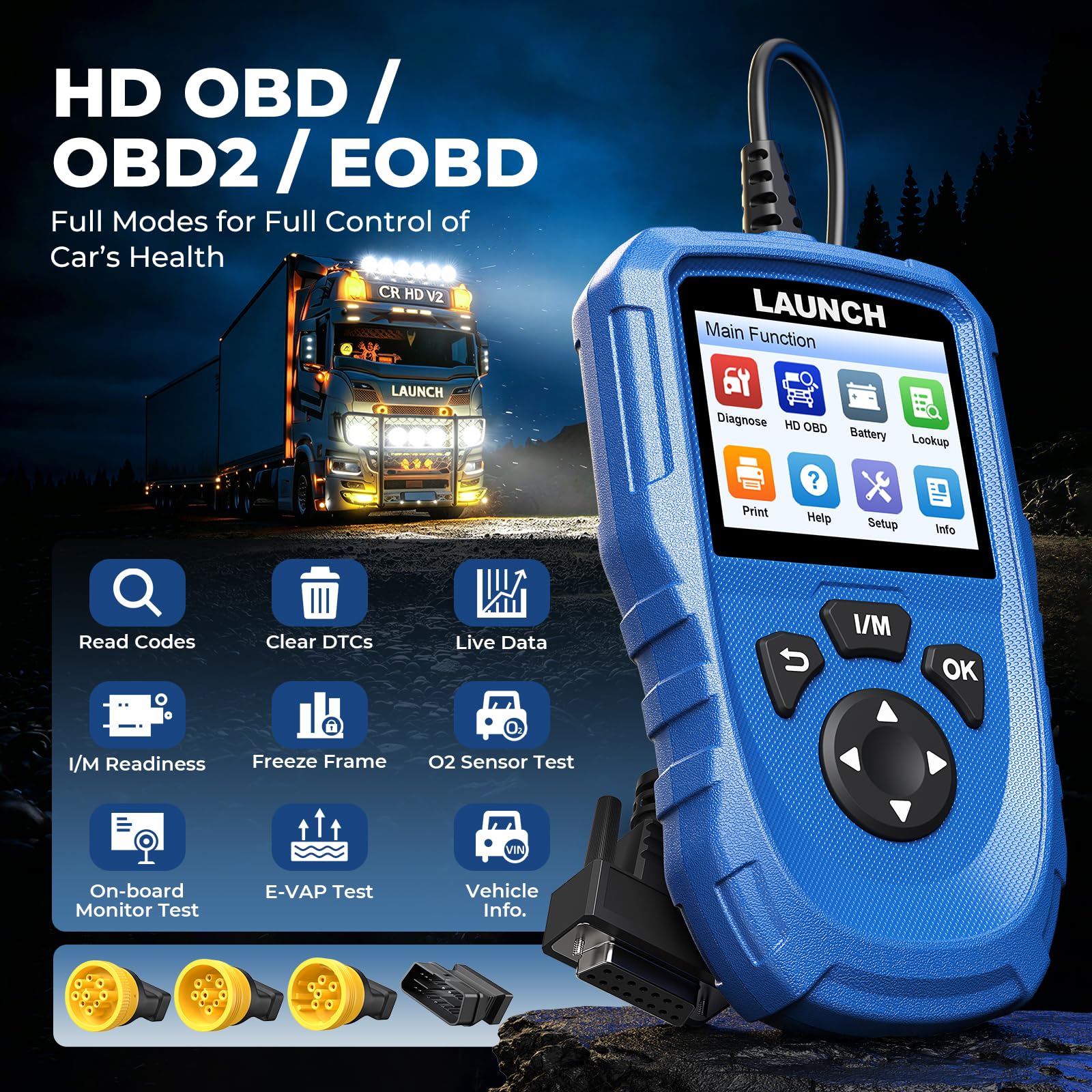 LAUNCH multi-adapter kit with OBD1, OBD2 and CT adapters, broad vehicle compatibility benefit