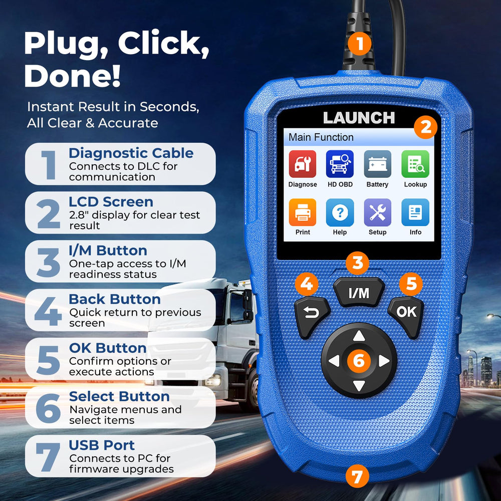 LAUNCH scanner connected under a truck hood to an ECU port, real-time heavy-duty diagnosis