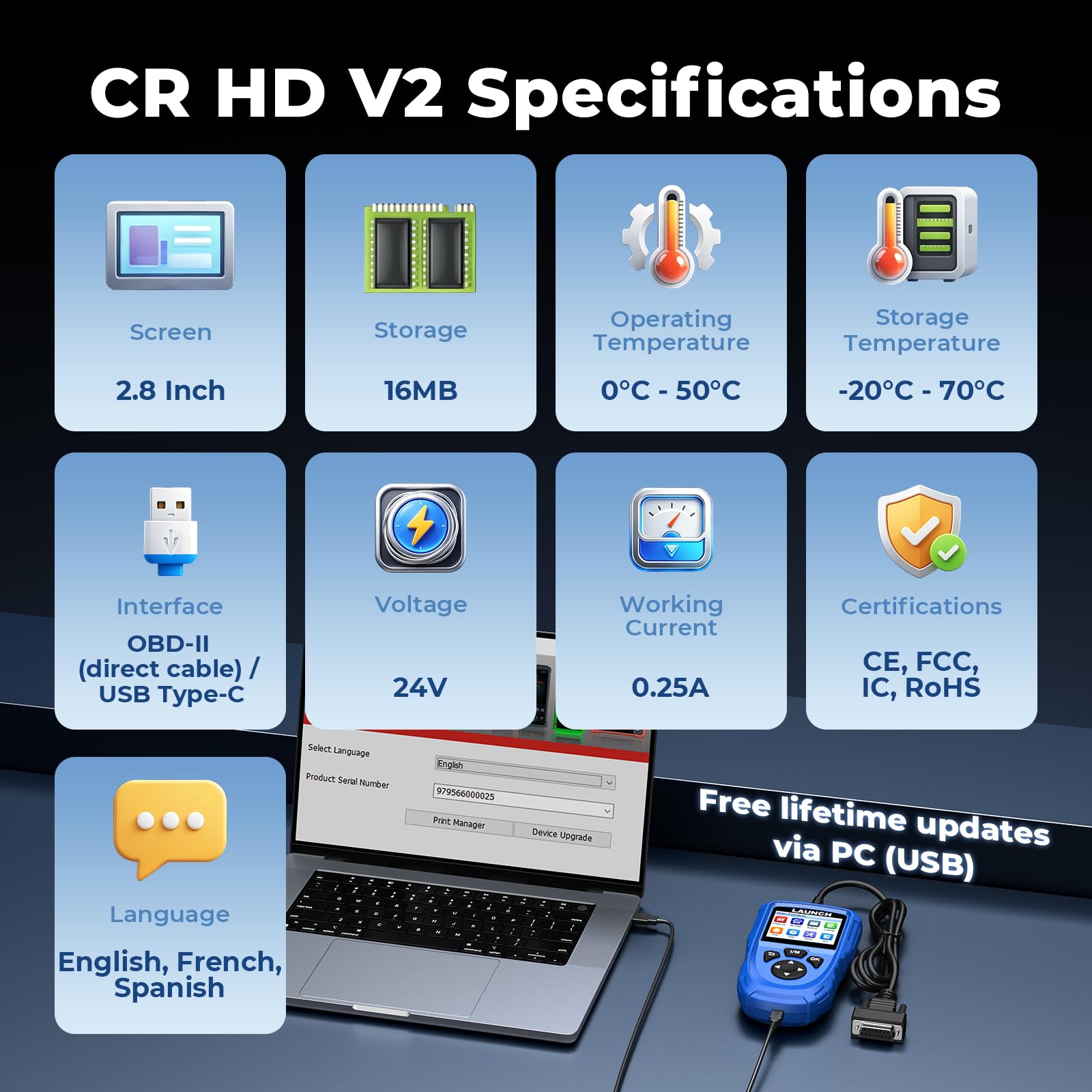 LAUNCH CR HD V2 on a workshop bench with tools and truck in background, professional use ready