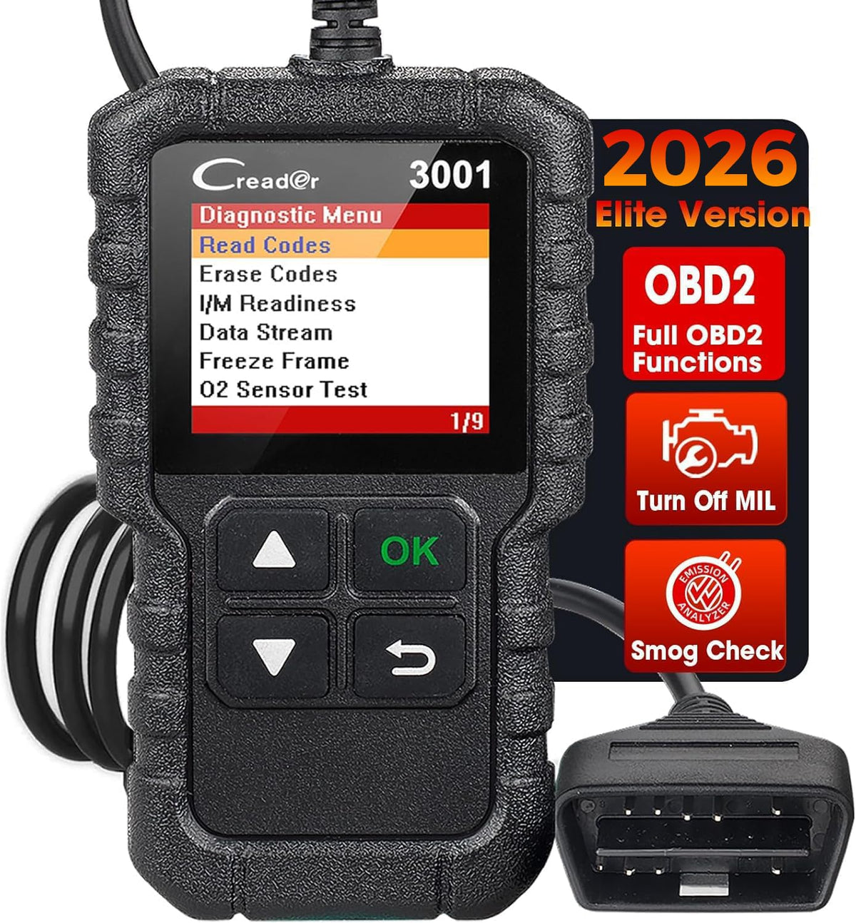 LAUNCH Creader 3001 front view showing display and buttons for fast diagnostics