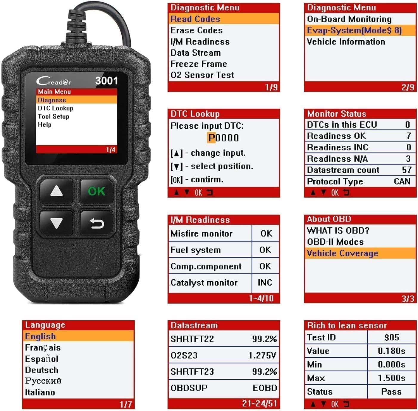 LAUNCH Creader 3001 plugged into vehicle OBD2 port for quick in-car checks
