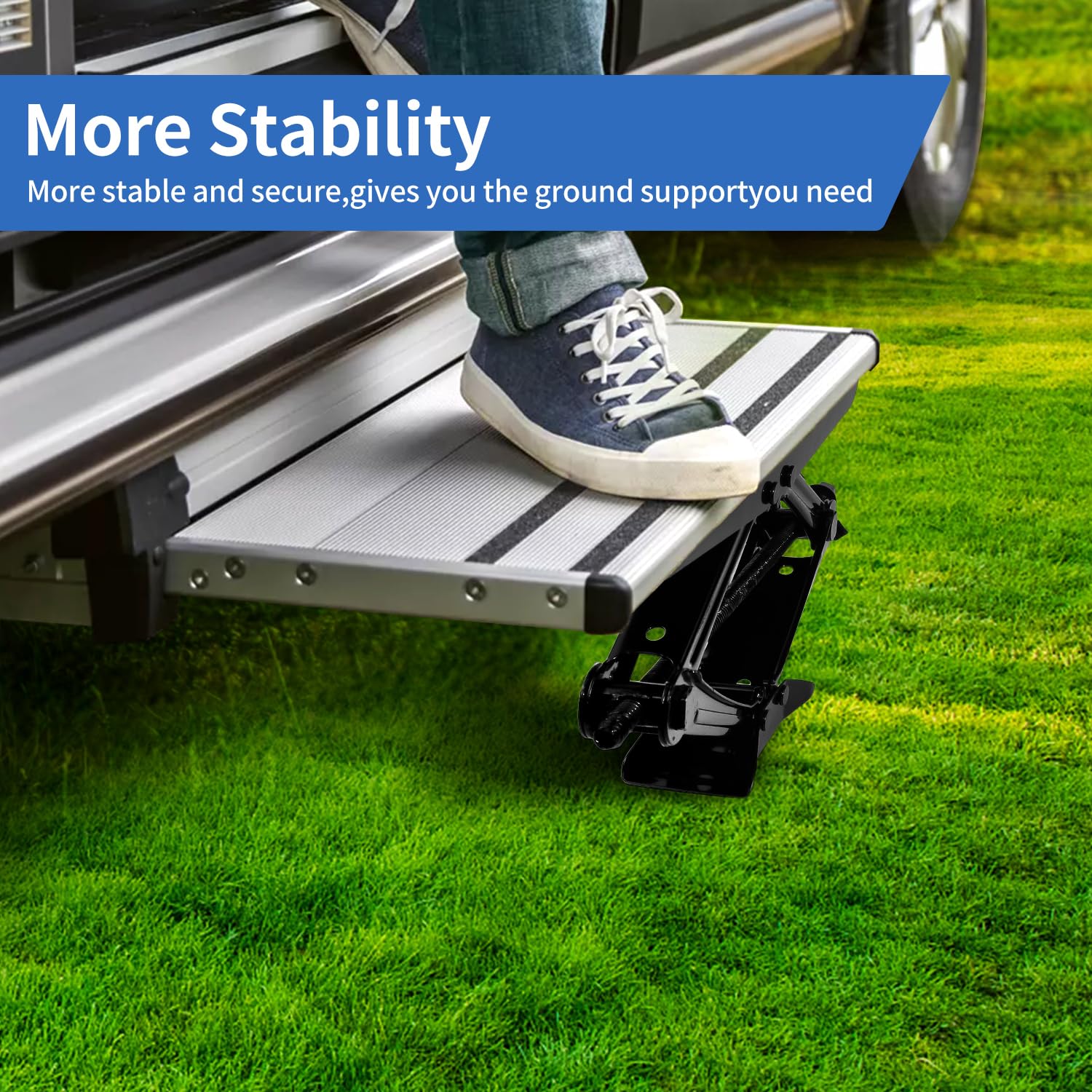 LCGAOYA mounted on RV bottom step providing wobble-free entry and step protection