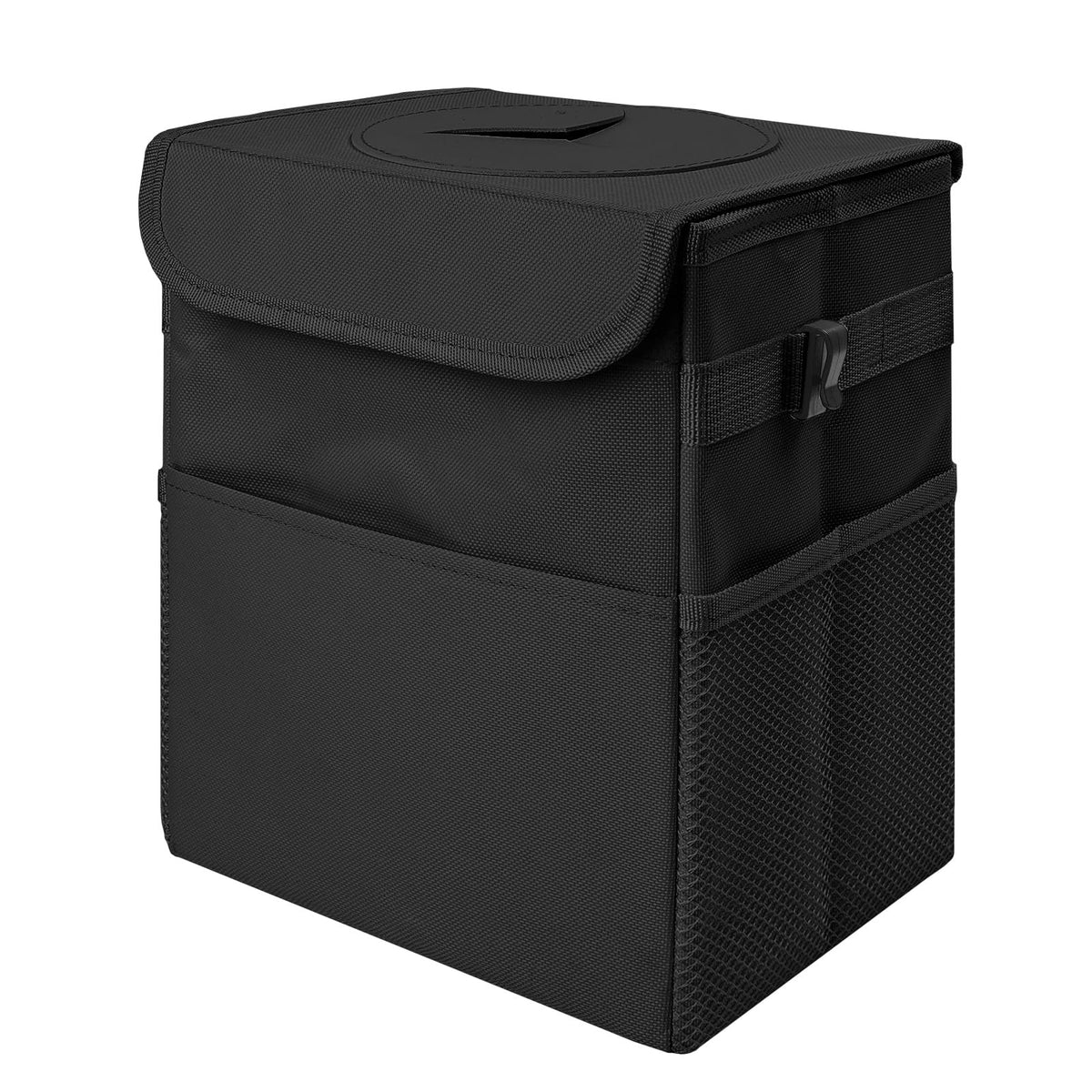 LCMWHOP front view of trash can showing compact design and pockets, keeps car tidy