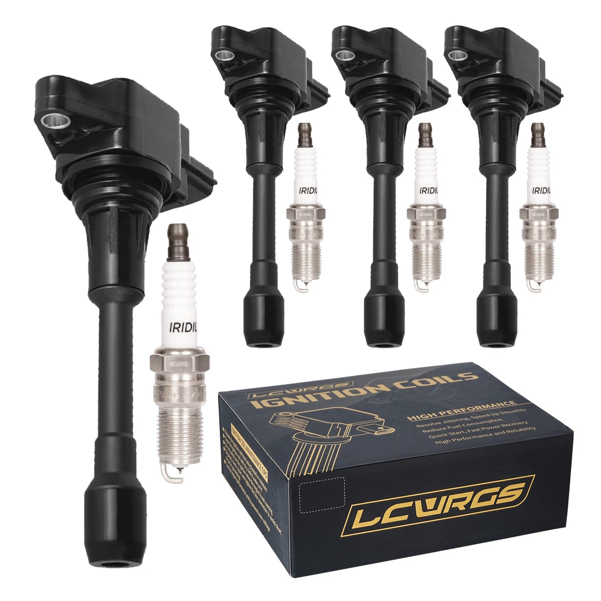 LCWRGS front view of four coils and plugs showing complete replacement kit benefits