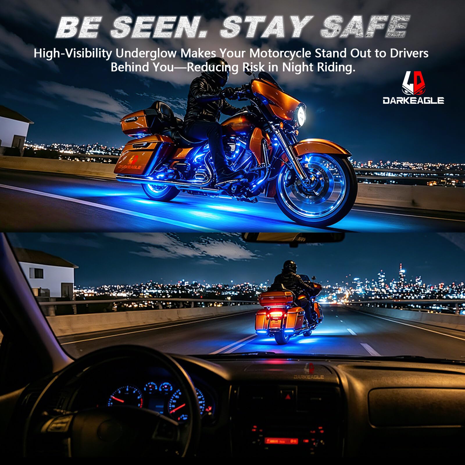 LD DARKEAGLE underbody mounted on sport bike for enhanced night visibility