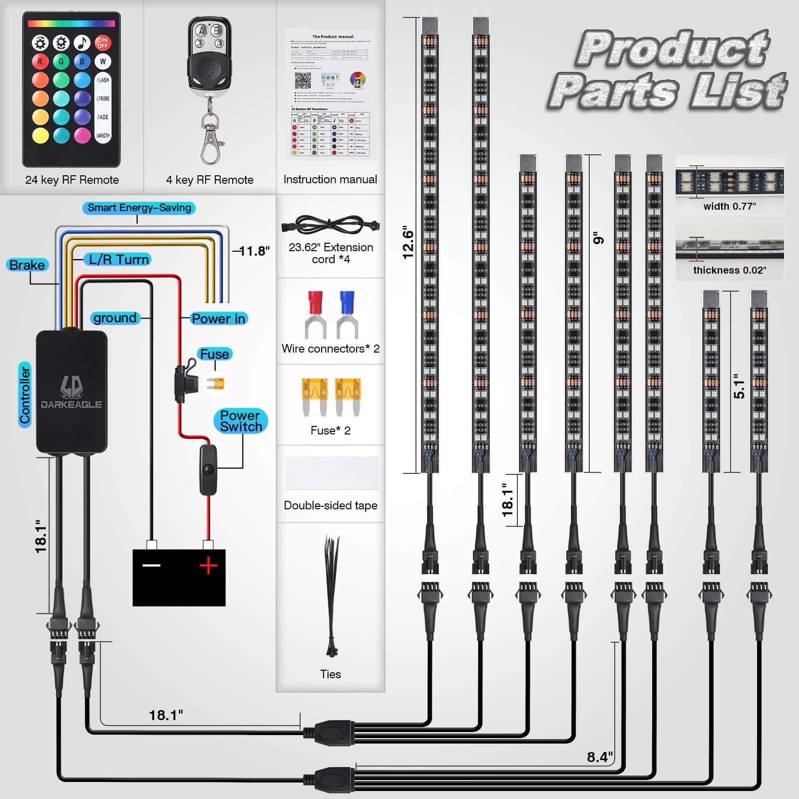 LD DARKEAGLE kit laid next to ruler showing compact, installable scale