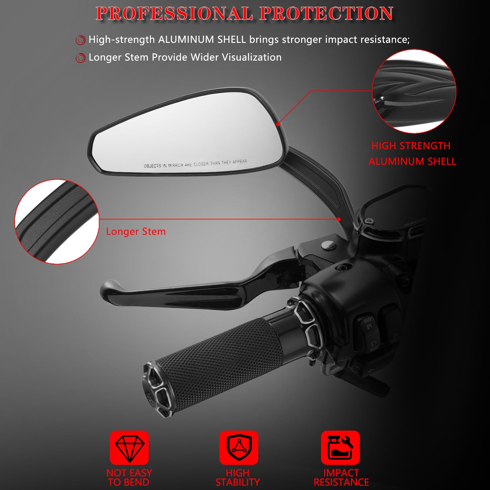 LDJXDADI mirror head rotated to show 360-degree adjustment for precise rider positioning