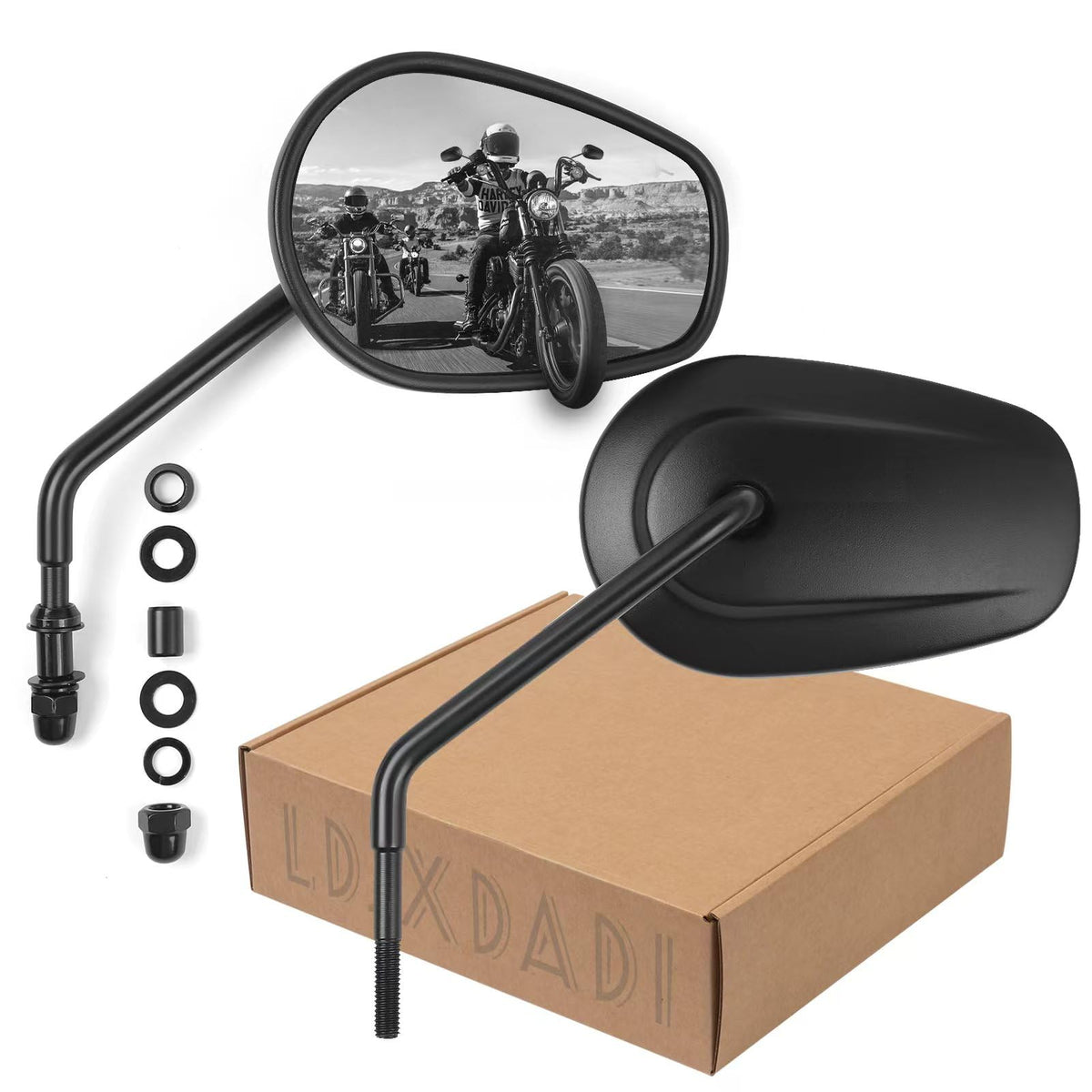 LDJXDADI front view of black sportster mirror showing slim housing and modern look