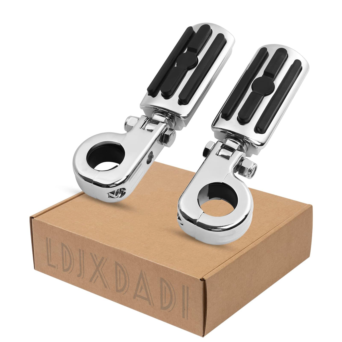 LDJXDADI chrome highway footpegs front view showing design and included clamps for easy installation
