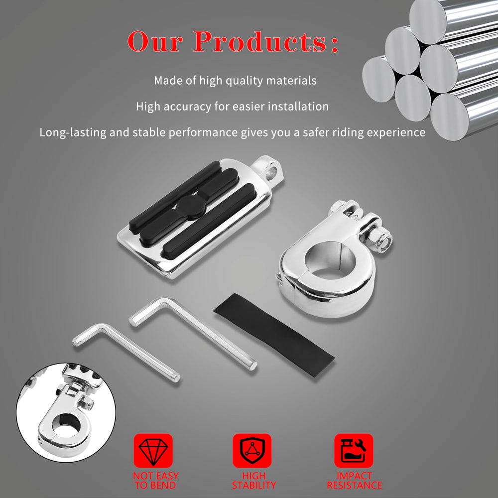 LDJXDADI footpegs mounted on engine guard side view demonstrating secure clamp fit and stability