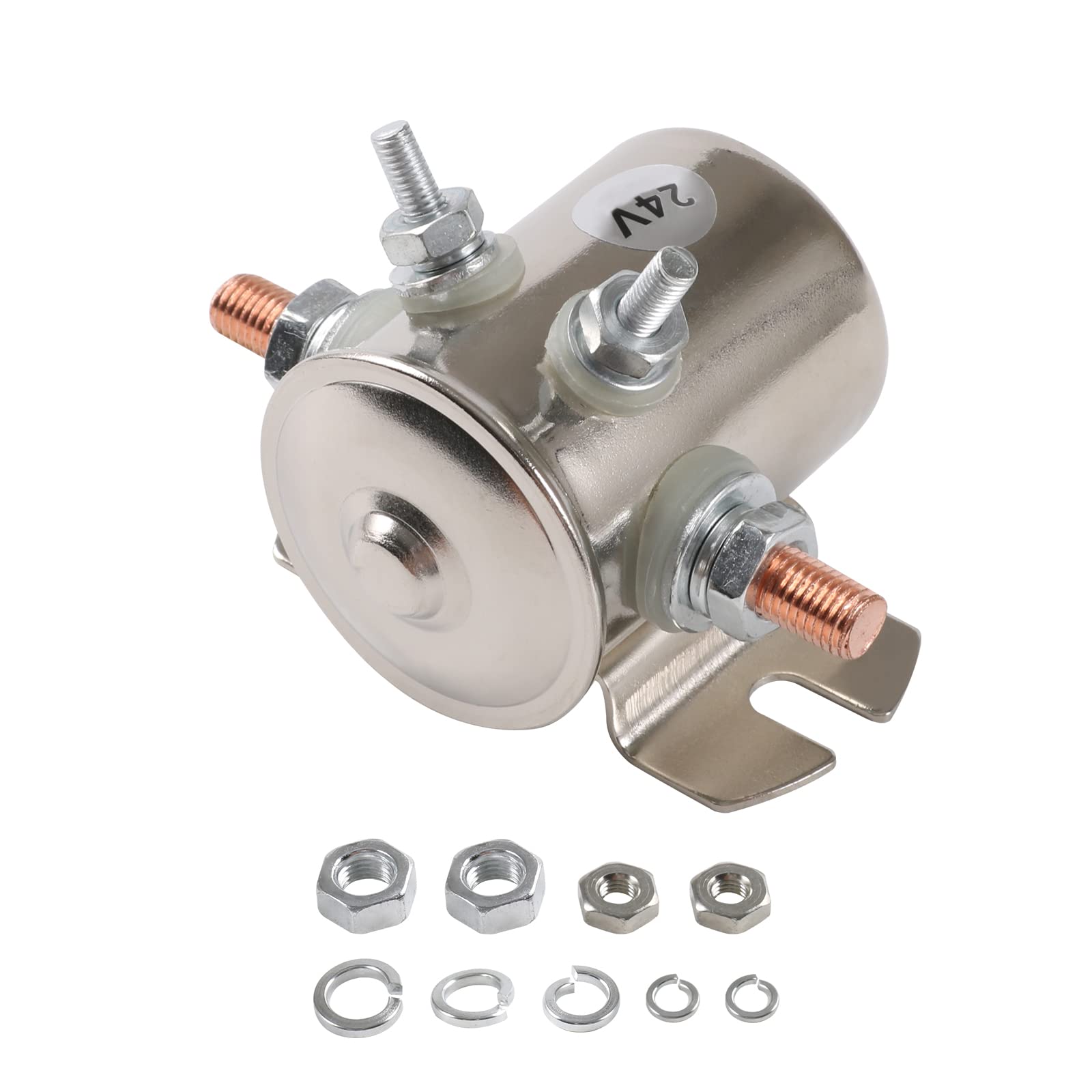 LDMINDA front view nickel-plated solenoid showing sturdy build and secure terminals for reliable switching
