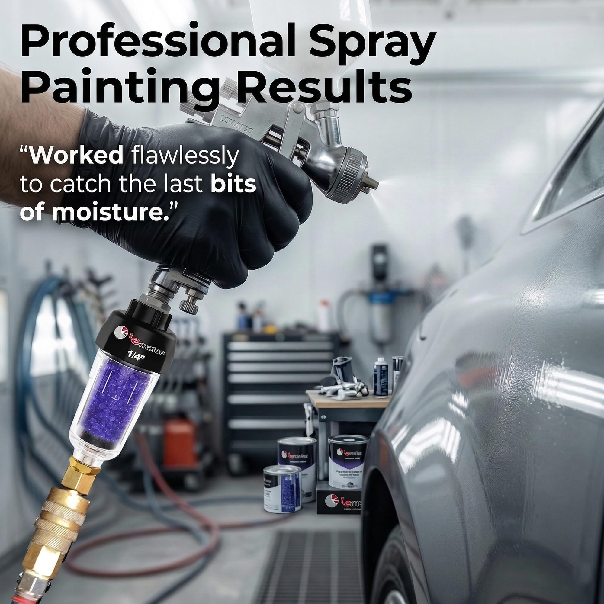LE LEMATEC mounted on spray gun delivering dry air for smoother finishes