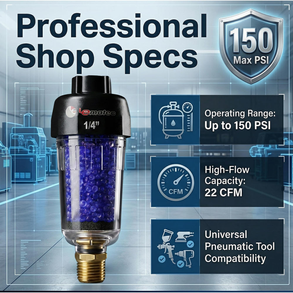 LE LEMATEC installed on shop air hose protecting compressor-fed tools