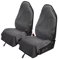 Leader Accessories front packaging showing two grey seat covers and branding for easy identification