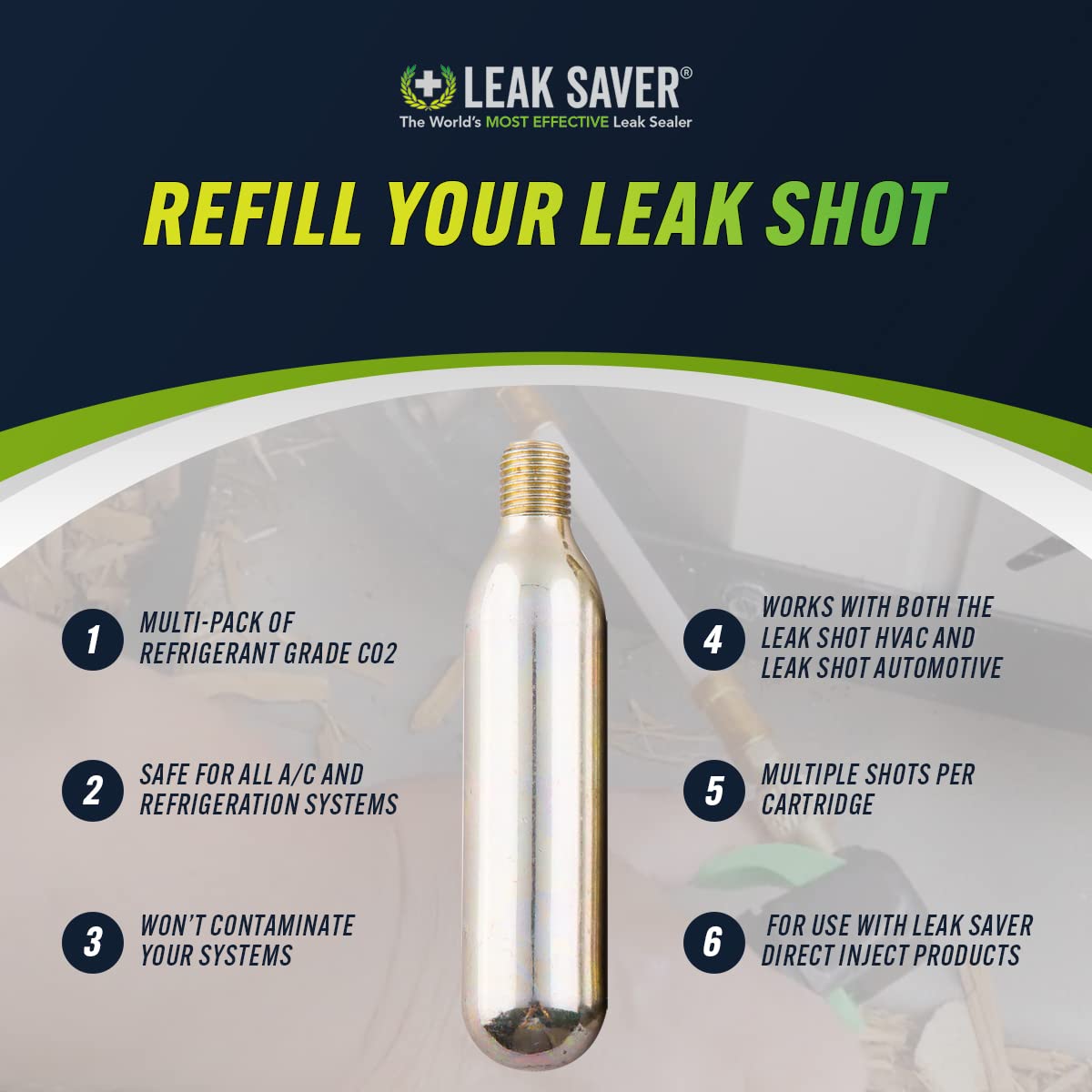 Leak Saver cartridge attached to Leak Shot HVAC tool demonstrating efficient use