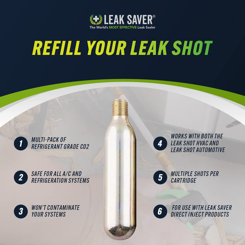 Leak Saver cartridge attached to Leak Shot HVAC tool demonstrating efficient use