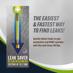 Leak Saver dye bottle close-up label, brand provides clear system identification benefit