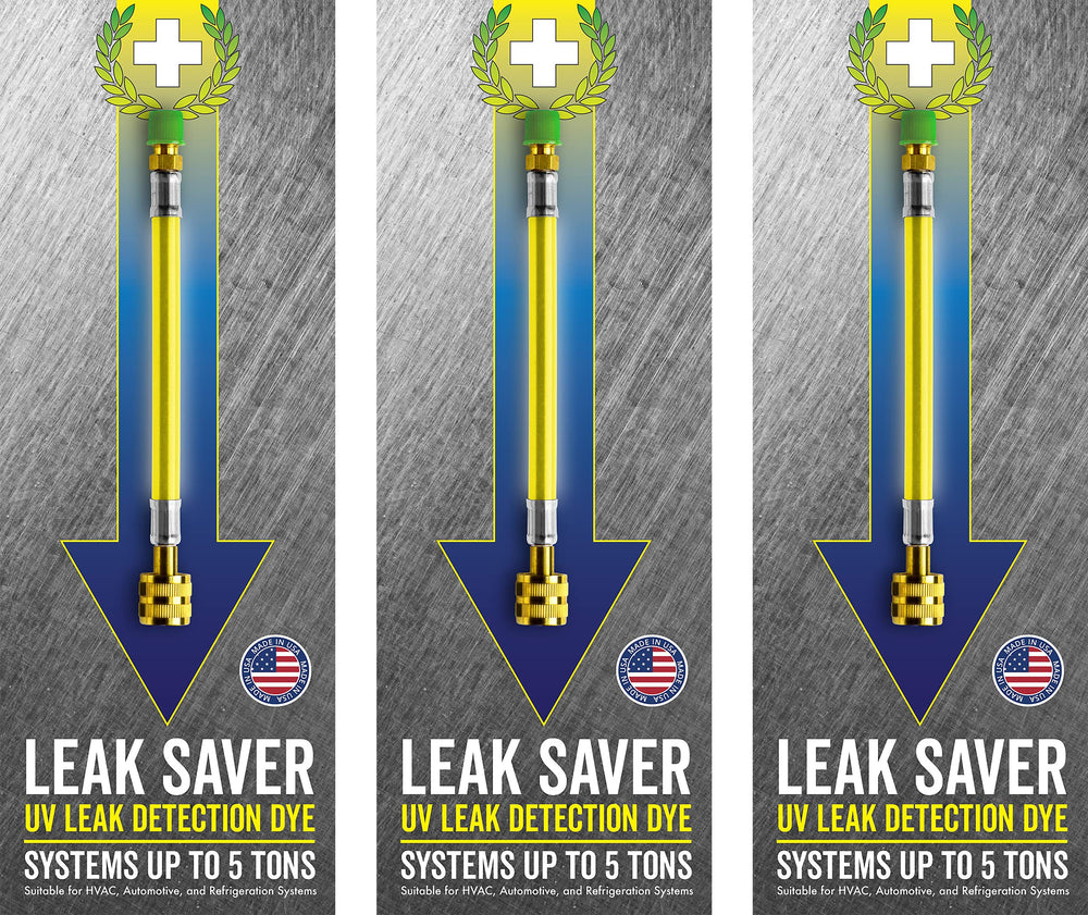 Leak Saver front pack 3-pack showing bottles and label, brand helps quick diagnostics