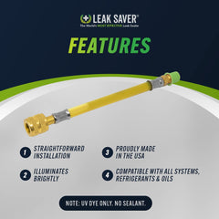Leak Saver connected to manifold gauge injecting dye, brand speeds accurate injection