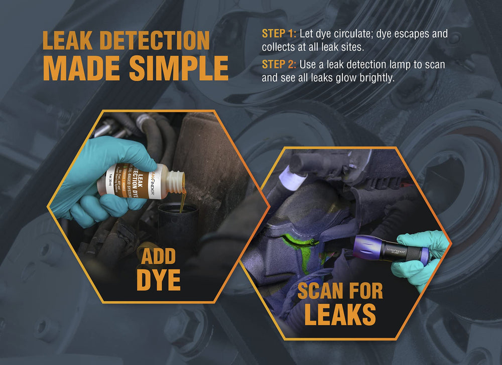 LEAKFINDER bottle on a service bench with tools for quick diagnostics