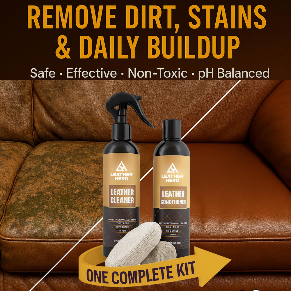Leather Hero cleaner bottle close-up displaying label and gentle formula
