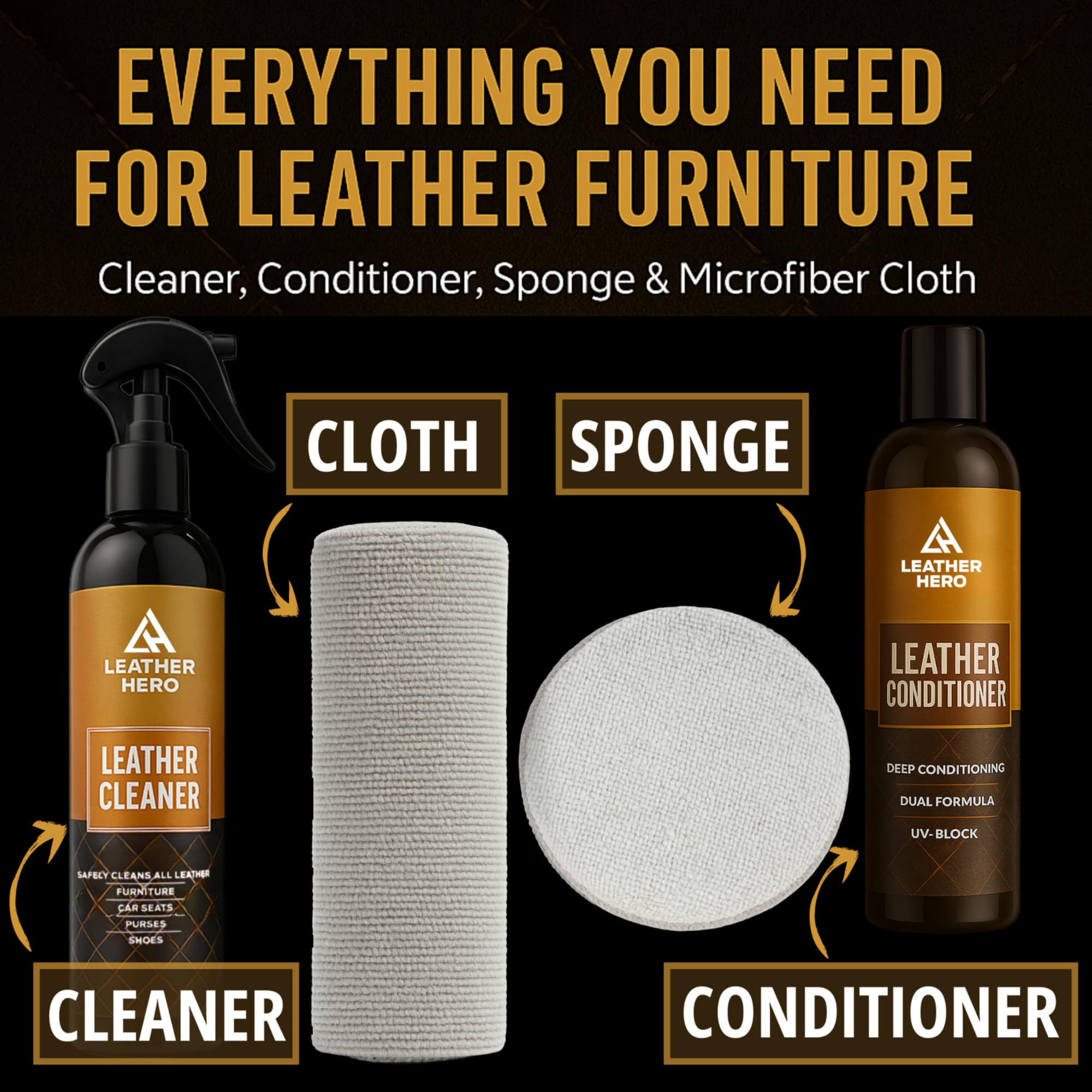 Leather Hero conditioner bottle close-up showing nourishing formula