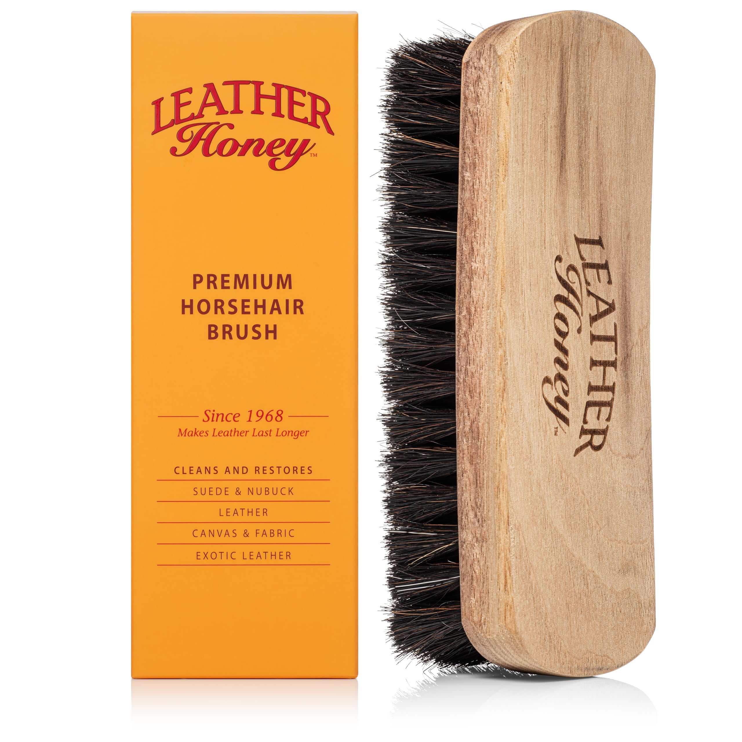 Leather Honey brush front view showing walnut handle and bristles for gentle cleaning