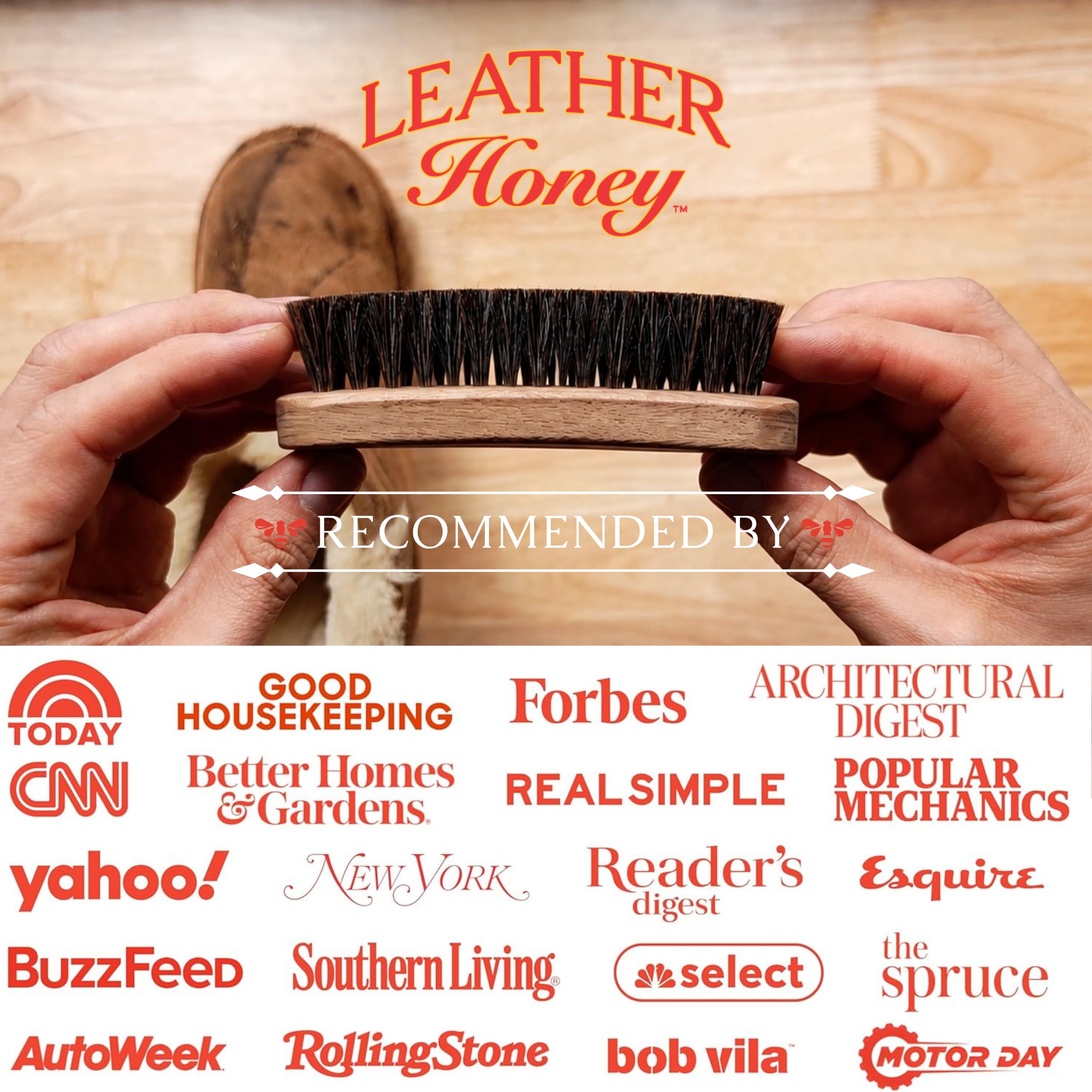 Leather Honey brush in car interior demonstrating fast care for automotive leather