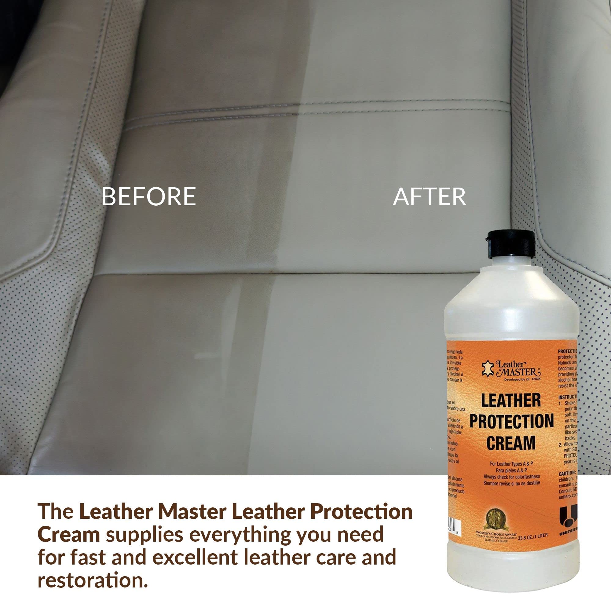 Leather Master bottle beside sofa to show 1 litre size and coverage benefit