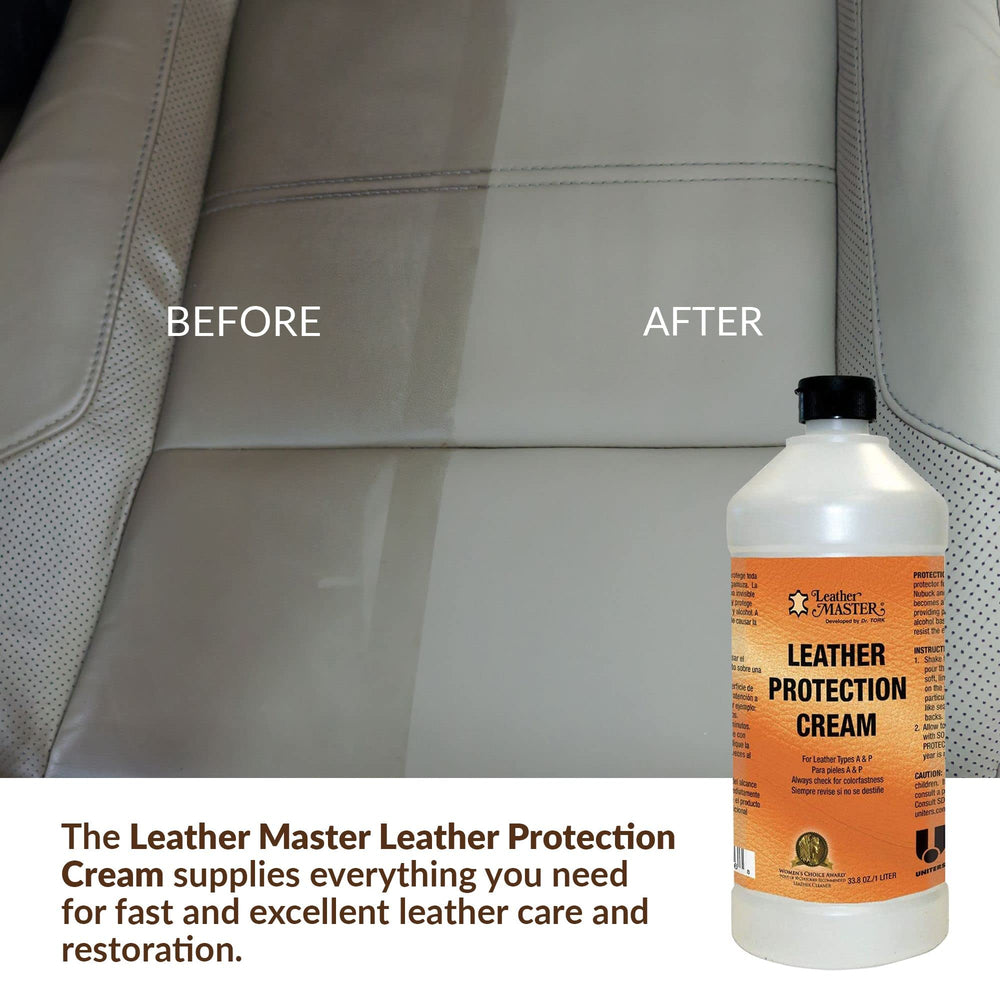 Leather Master bottle beside sofa to show 1 litre size and coverage benefit