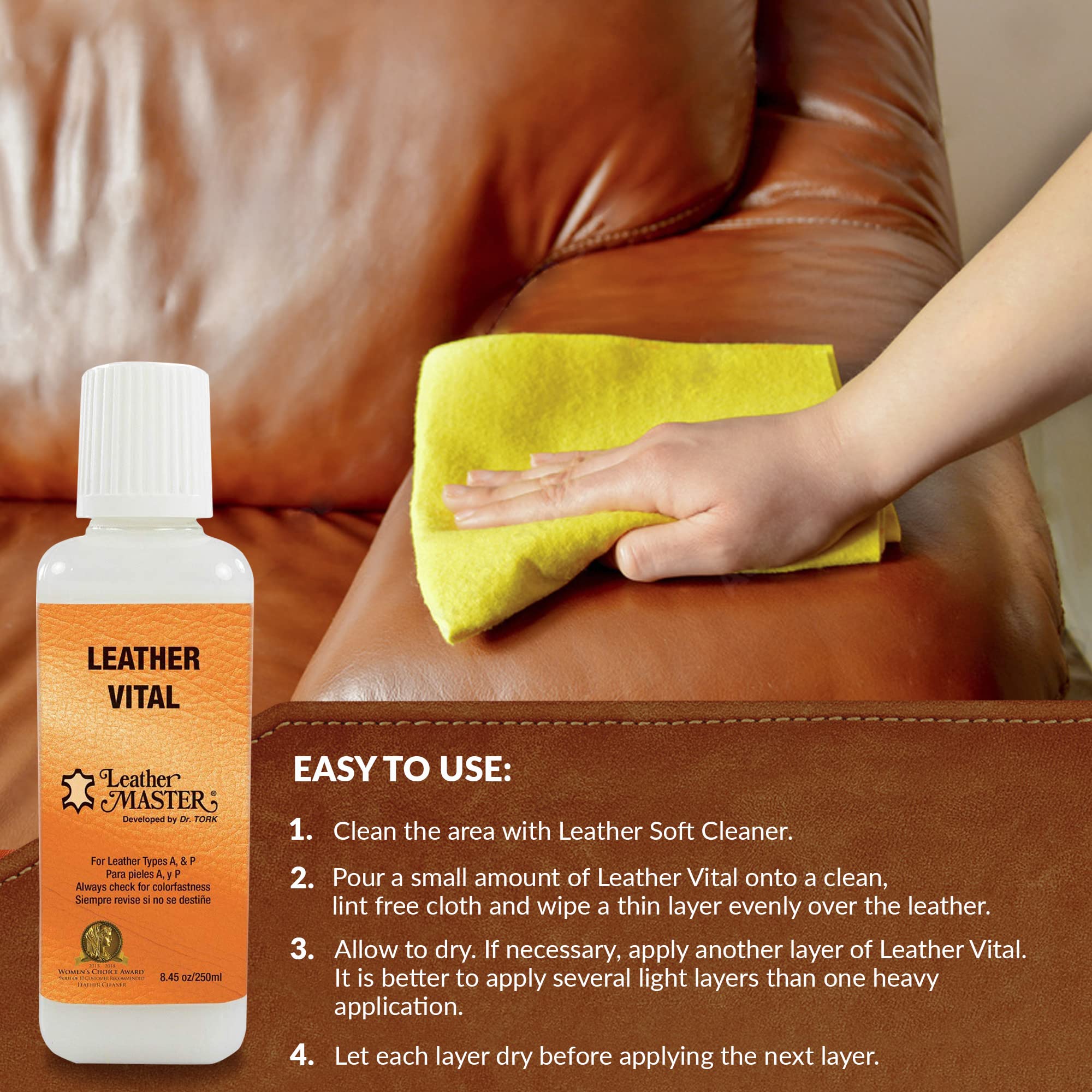 Leather Master 250ml beside a hand showing size and easy home use convenience
