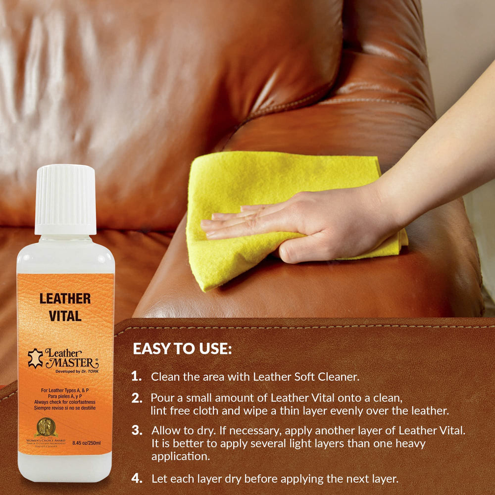 Leather Master 250ml beside a hand showing size and easy home use convenience