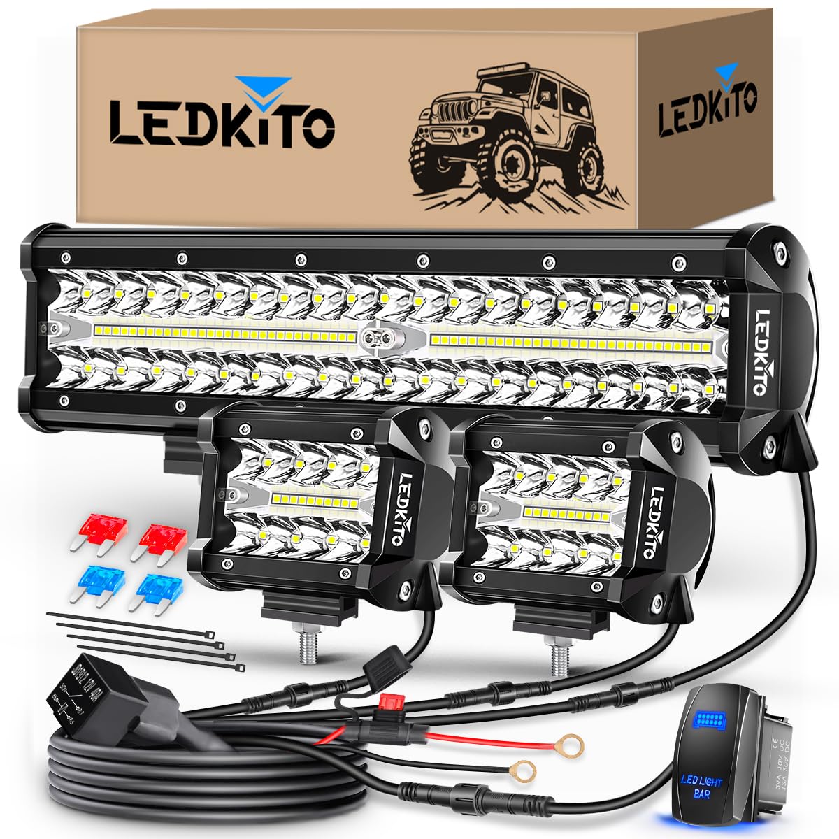 LEDKITO 12-inch bar front view showing bright combo beam performance