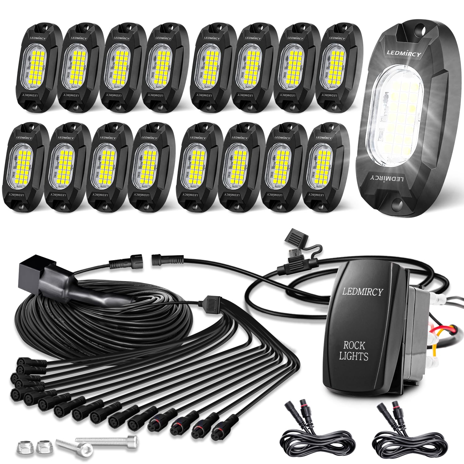 LEDMIRCY front view of complete 16-piece kit showing robust housing and bright benefit
