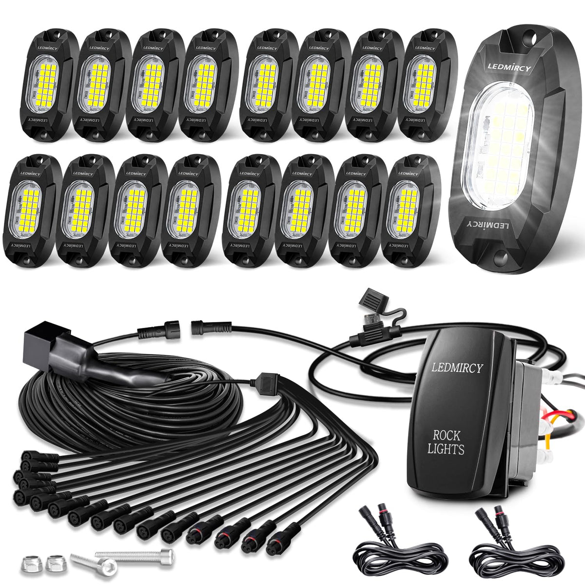 LEDMIRCY front view of complete 16-piece kit showing robust housing and bright benefit