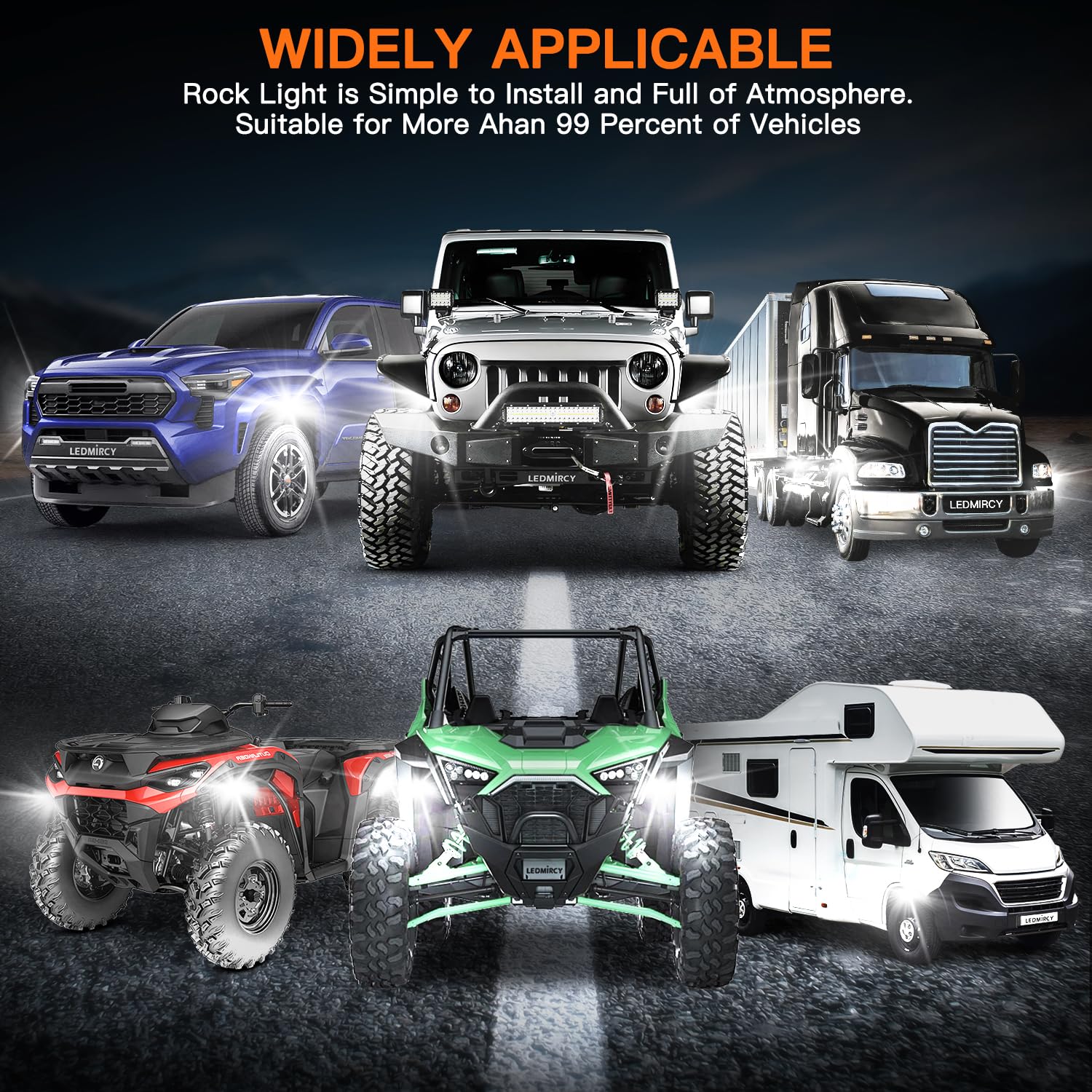 LEDMIRCY nighttime vehicle with glowing underbody lights showing striking accent effect