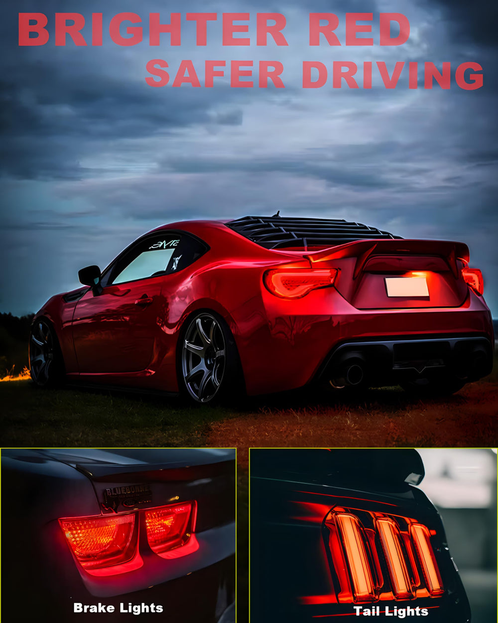 LEDYOTRY 3157 illuminated at night on brake light showing brighter red signal for safer stopping visibility