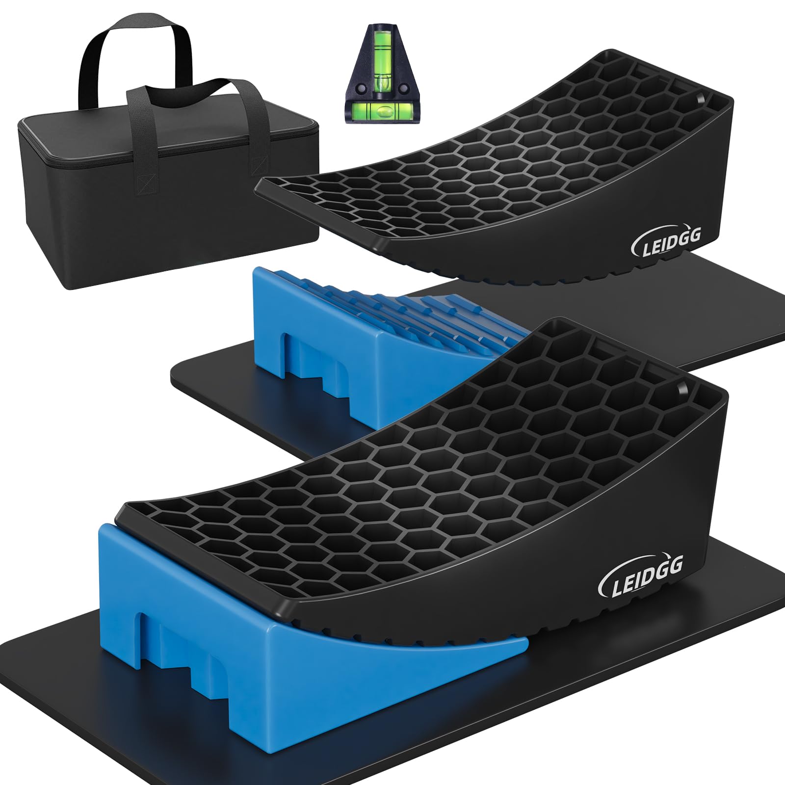 LEIDGG front packaging showing full leveling kit and portability benefit