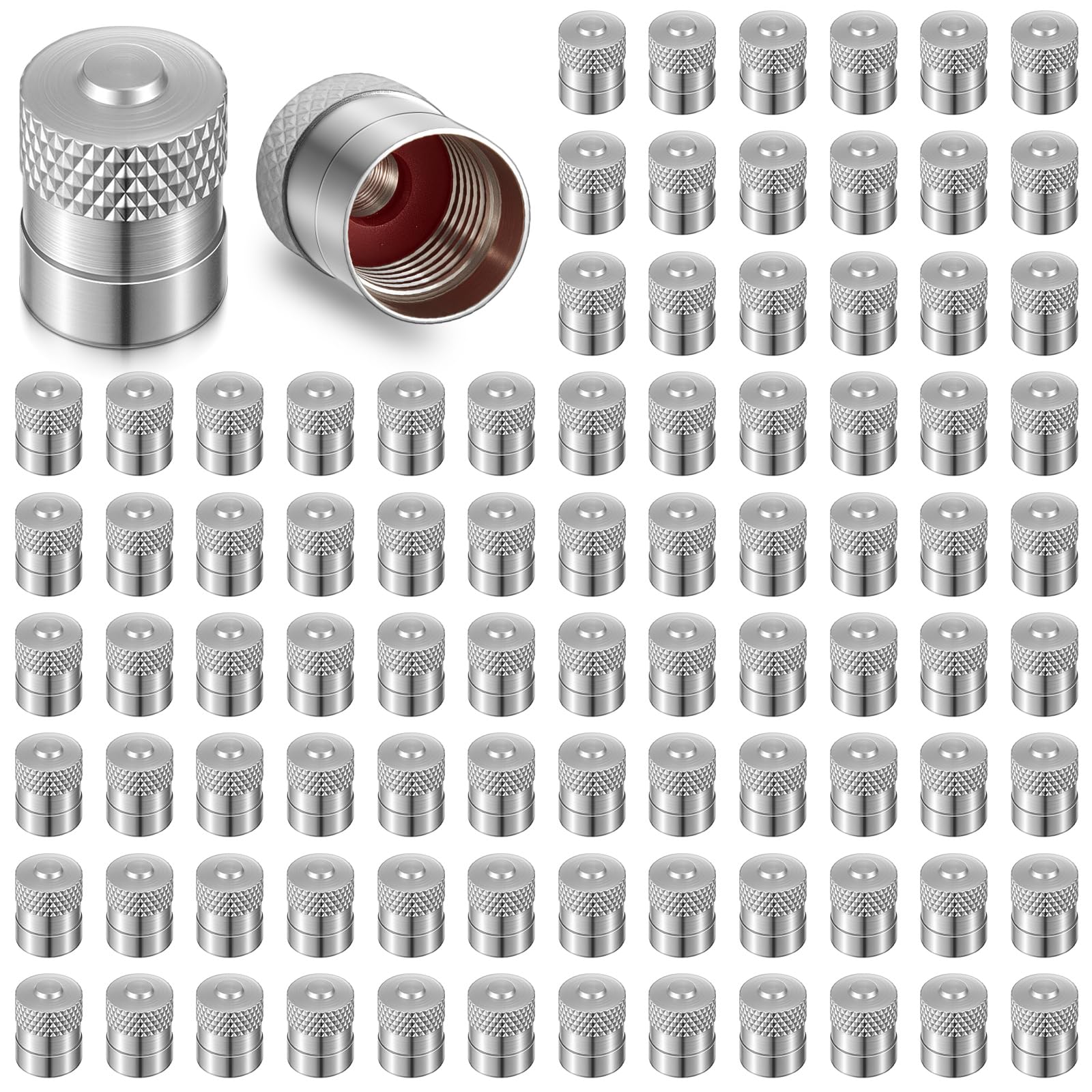 LEIFIDE front view of 200-pack metal dome valve caps showing quantity and finish