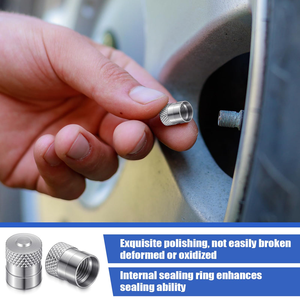 LEIFIDE cap installed on car tire valve demonstrating secure fit and protection