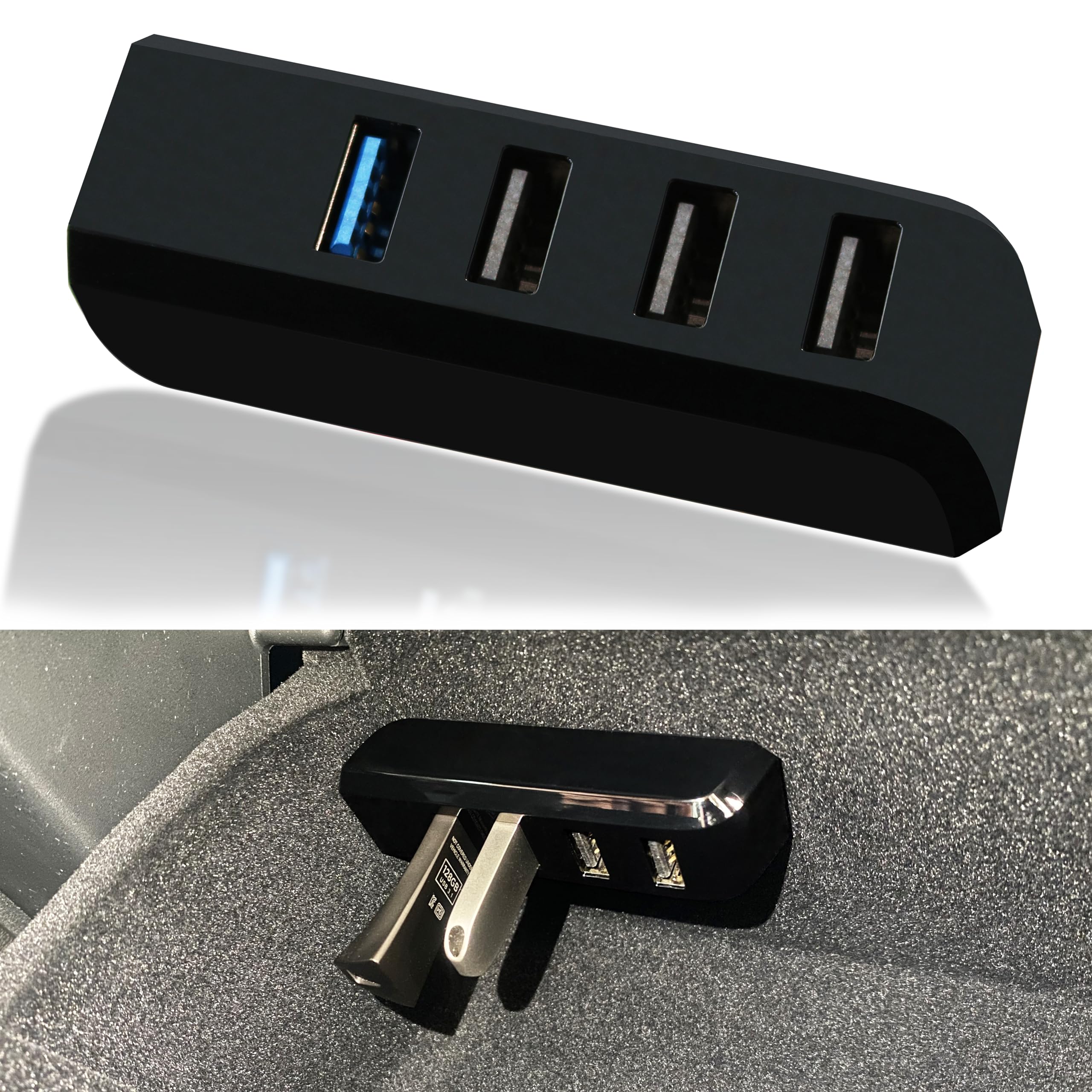 Leikaendi front view of glove box USB hub showing four ports and sleek finish