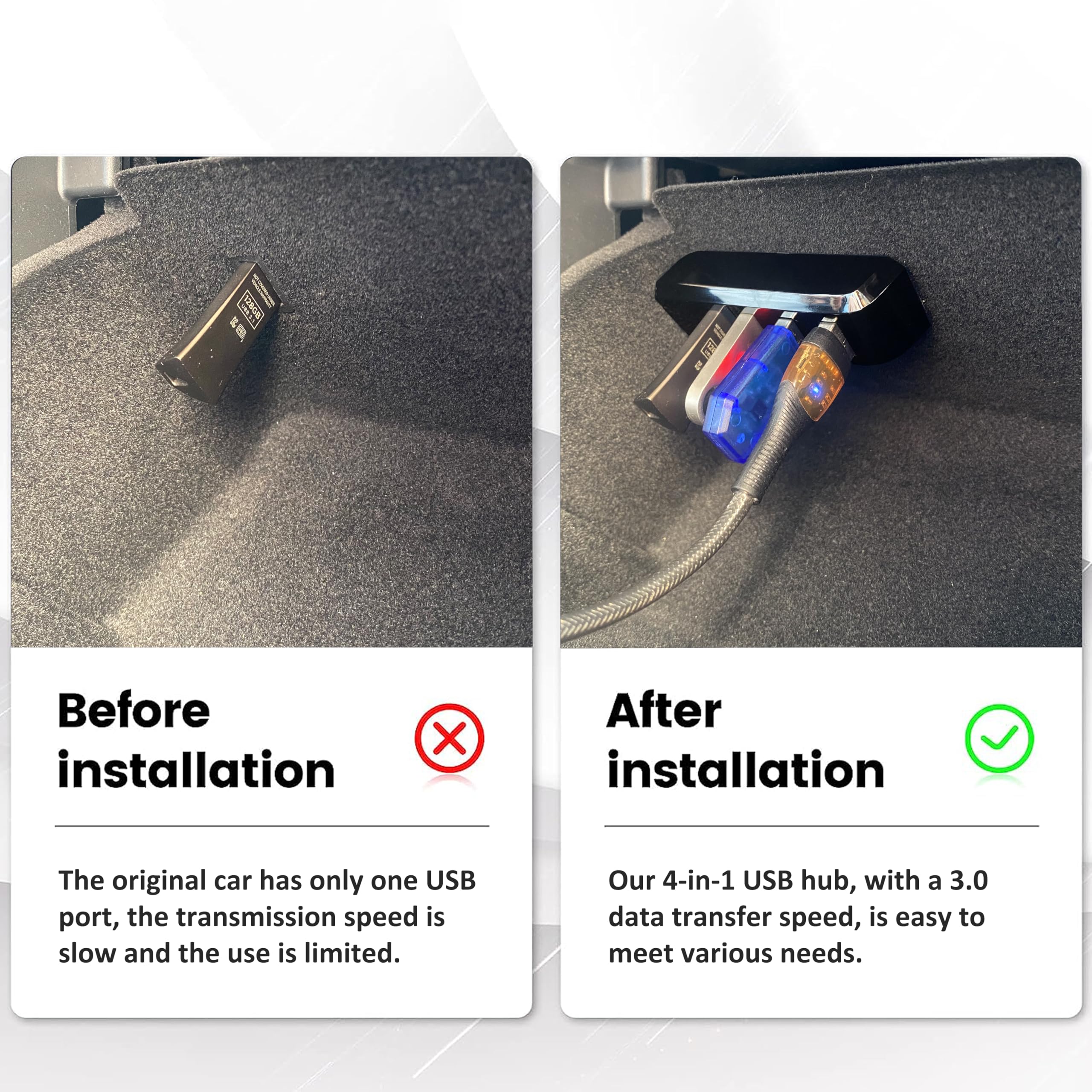 Leikaendi hub installed inside Tesla glove box maintaining factory look