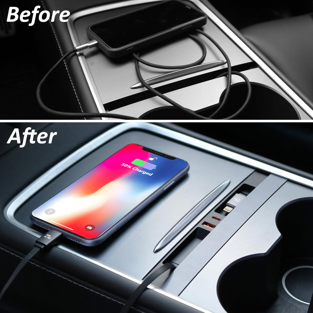 Leikaendi installed in Tesla center console showing size and flush integration