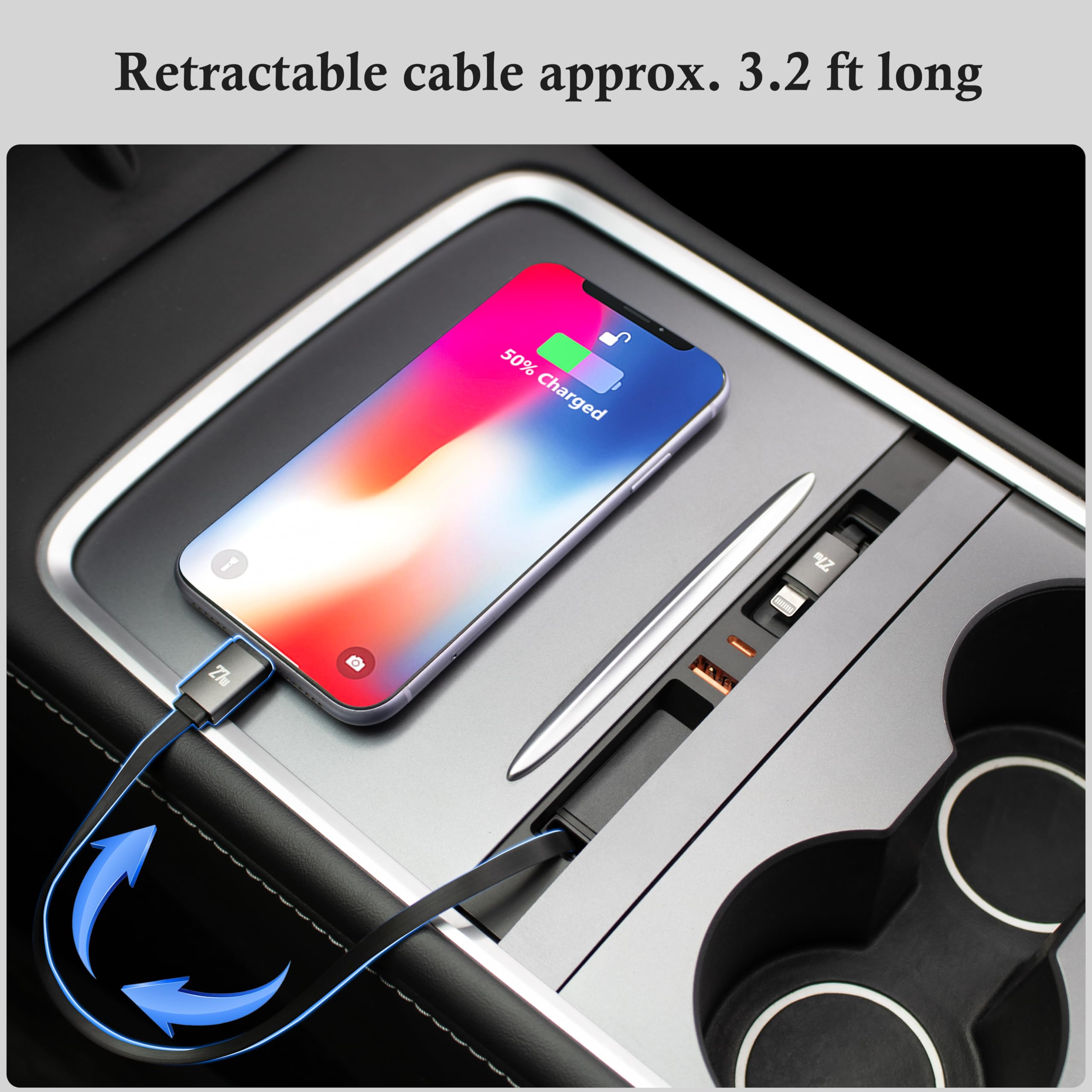 Leikaendi lifestyle shot: phone charging on console with tidy cables for convenience