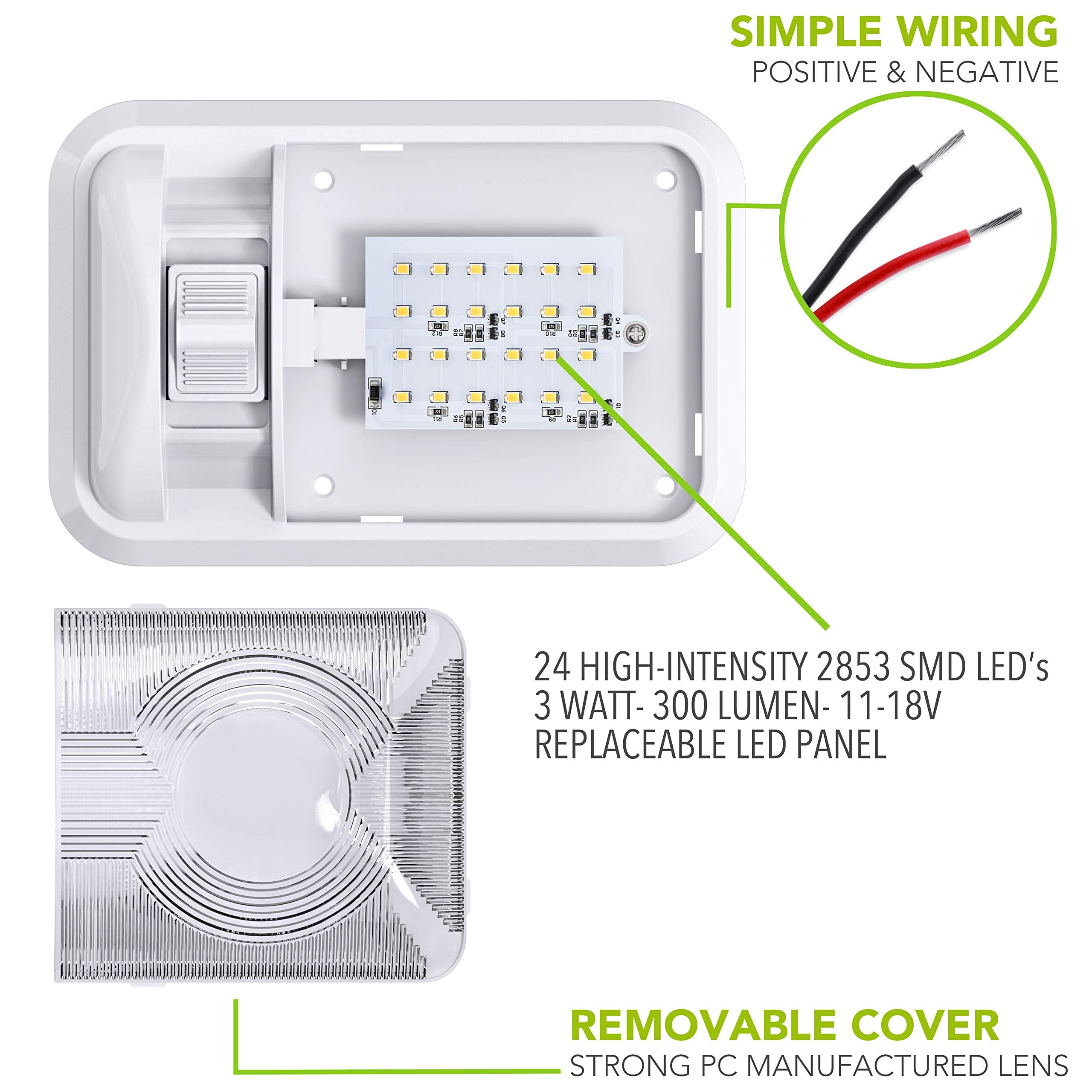 Leisure LED mounted in an RV ceiling providing even natural white lighting