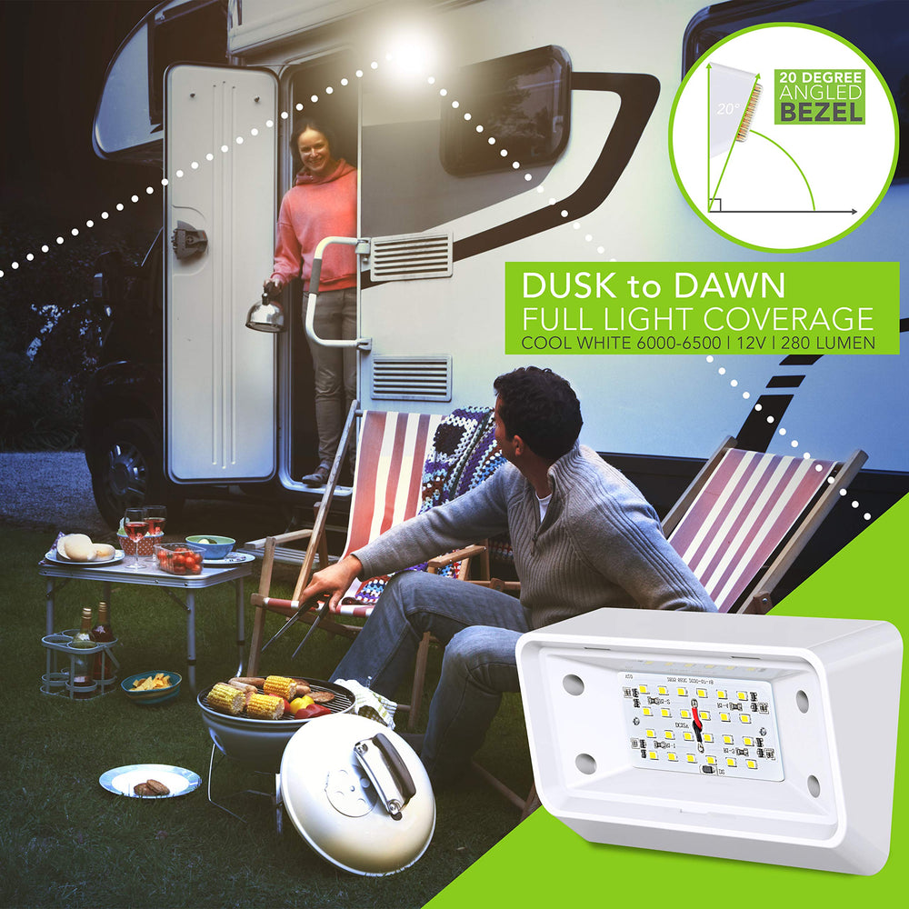 Leisure LED side profile mounted on RV illustrating low-profile, durable fit