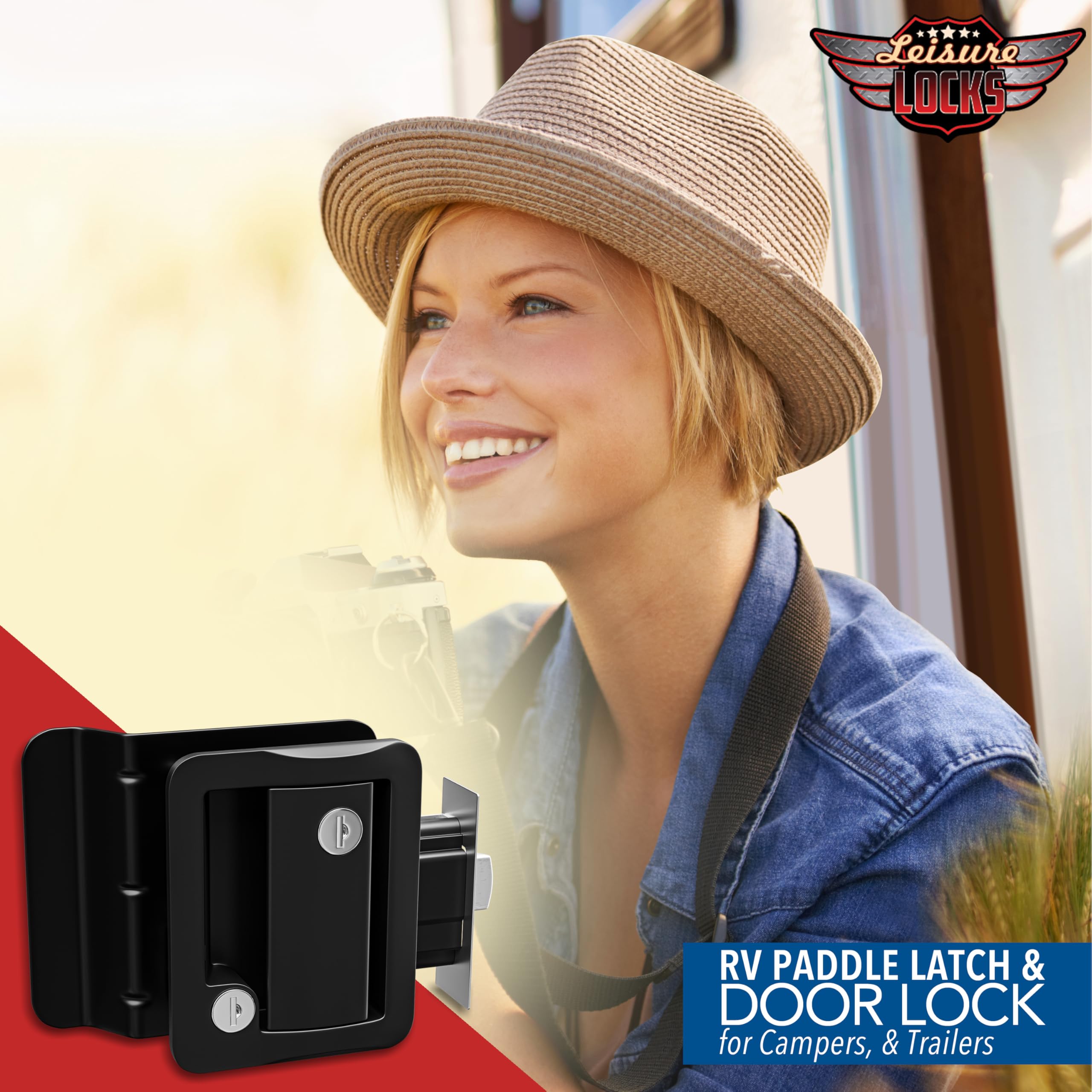 Leisure Locks next to ruler to show size and fit for common RV door cutouts